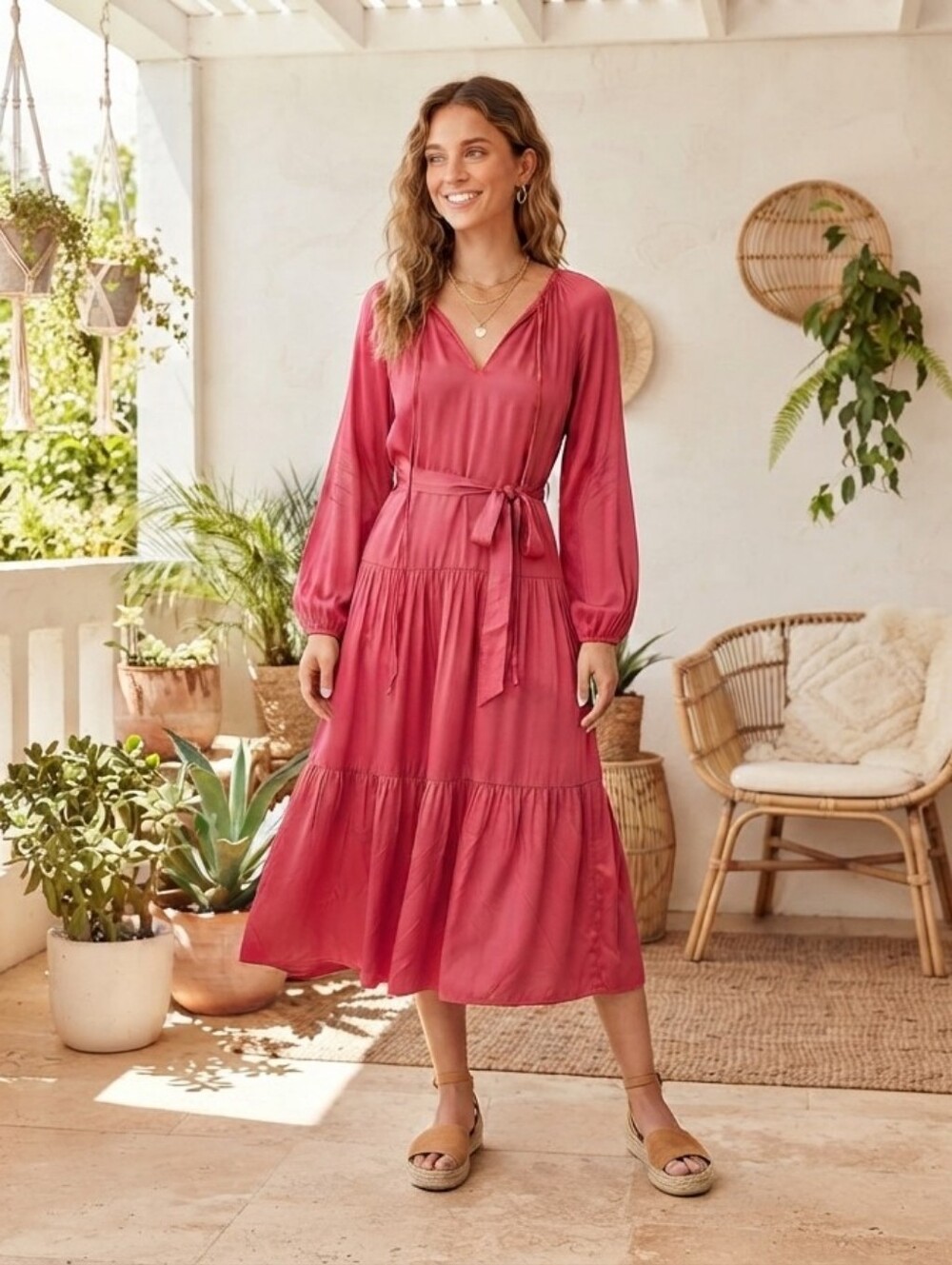 ​Neu Nomads NWT Pink 100% Tencel Modal Tiered Midi Dress Small Bohemian Chic